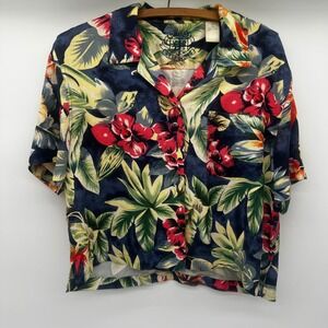 Pussers West Indies Silk Tropical Floral Camp Shirt Navy Blue Red Yellow Womens